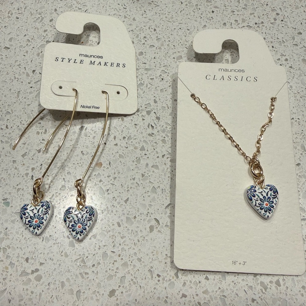 Maurices Gold and White Heart Earrings/Necklace set